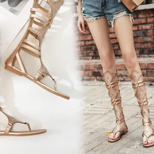 Women summer fashion studded hollow breathable knee high gladiator sandals