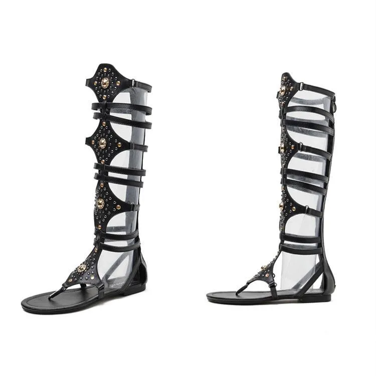 Women summer fashion studded hollow breathable knee high gladiator sandals