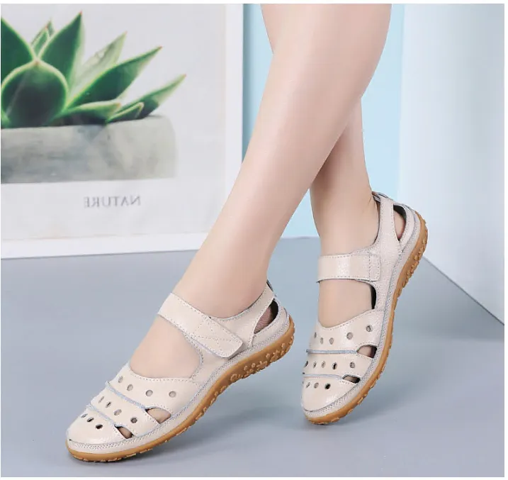 Women's Leather Hollow Hook Casual Flat Sandals